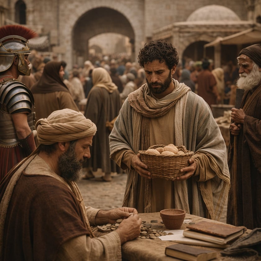 Homem de barba segura uma cesta de pães diante de um cambista numa praça movimentada.