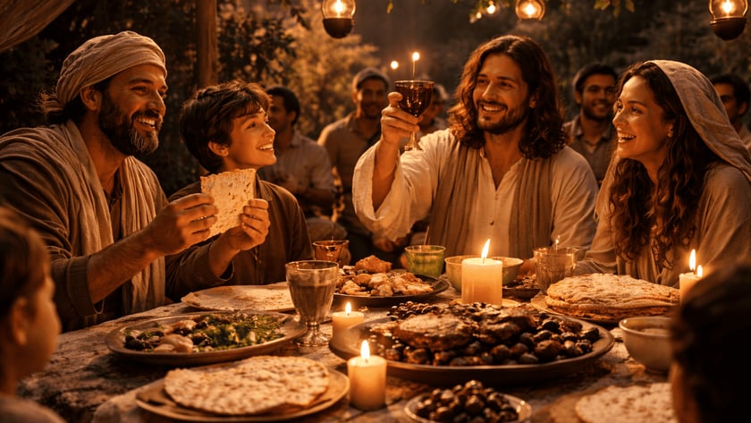 Homem de cabelos longos ergue um cálice à mesa com pessoas sorrindo, pães sem fermento e velas.