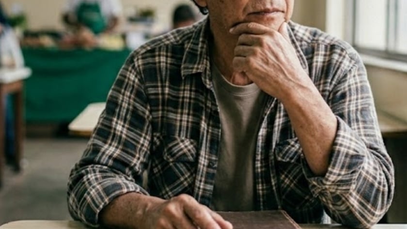 Homem idoso de camisa xadrez, sentado à mesa com um livro, olha pela janela.