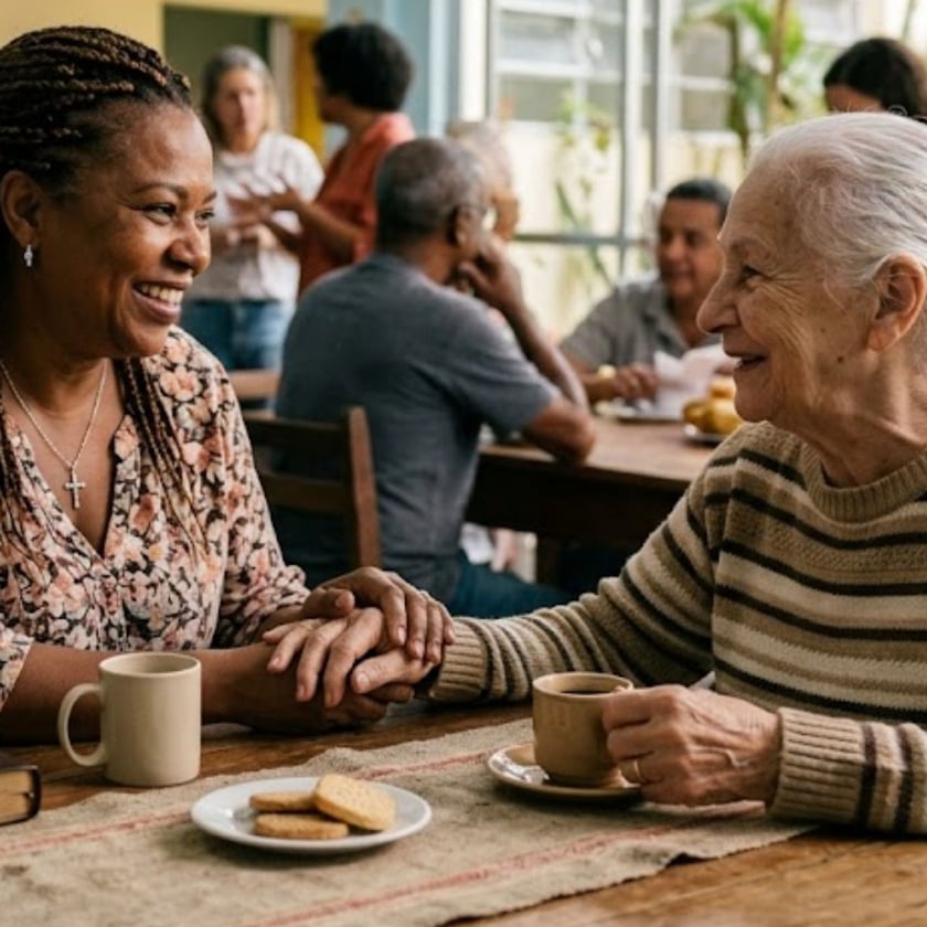 Mulher de tranças sorri à mesa, segurando a mão de outra pessoa, com café, biscoitos e Bíblia.