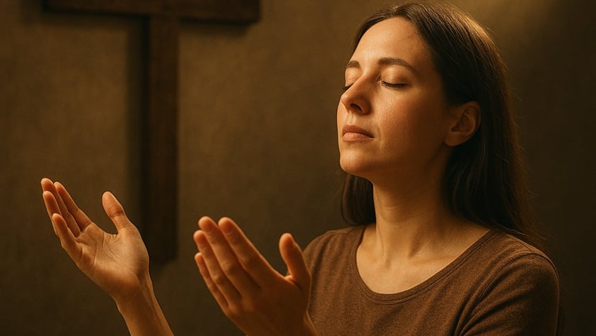 Mulher de olhos fechados e mãos abertas diante de uma cruz de madeira na parede.