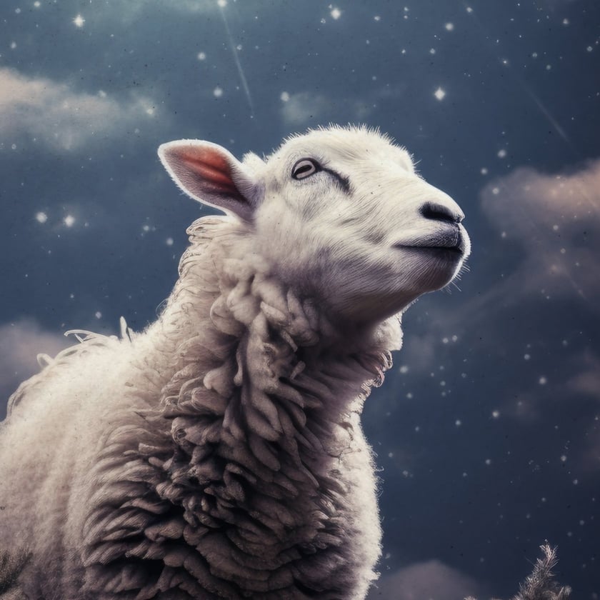 Ovelha branca de lã espessa ergue o focinho para um céu noturno com estrelas e nuvens.