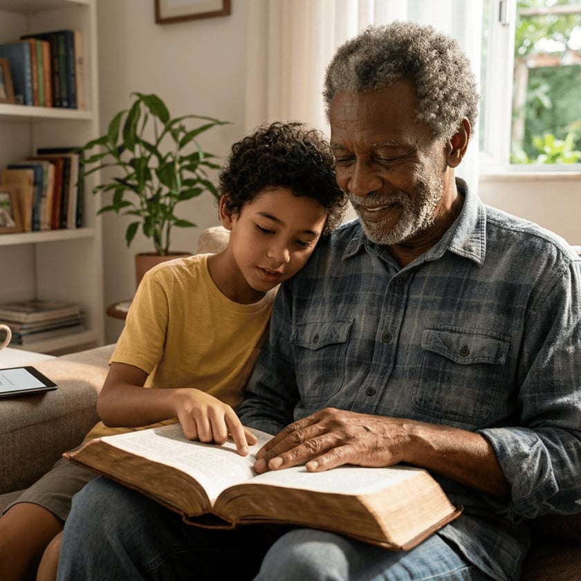 Homem idoso e menino leem juntos um livro grande em um sofá na sala.