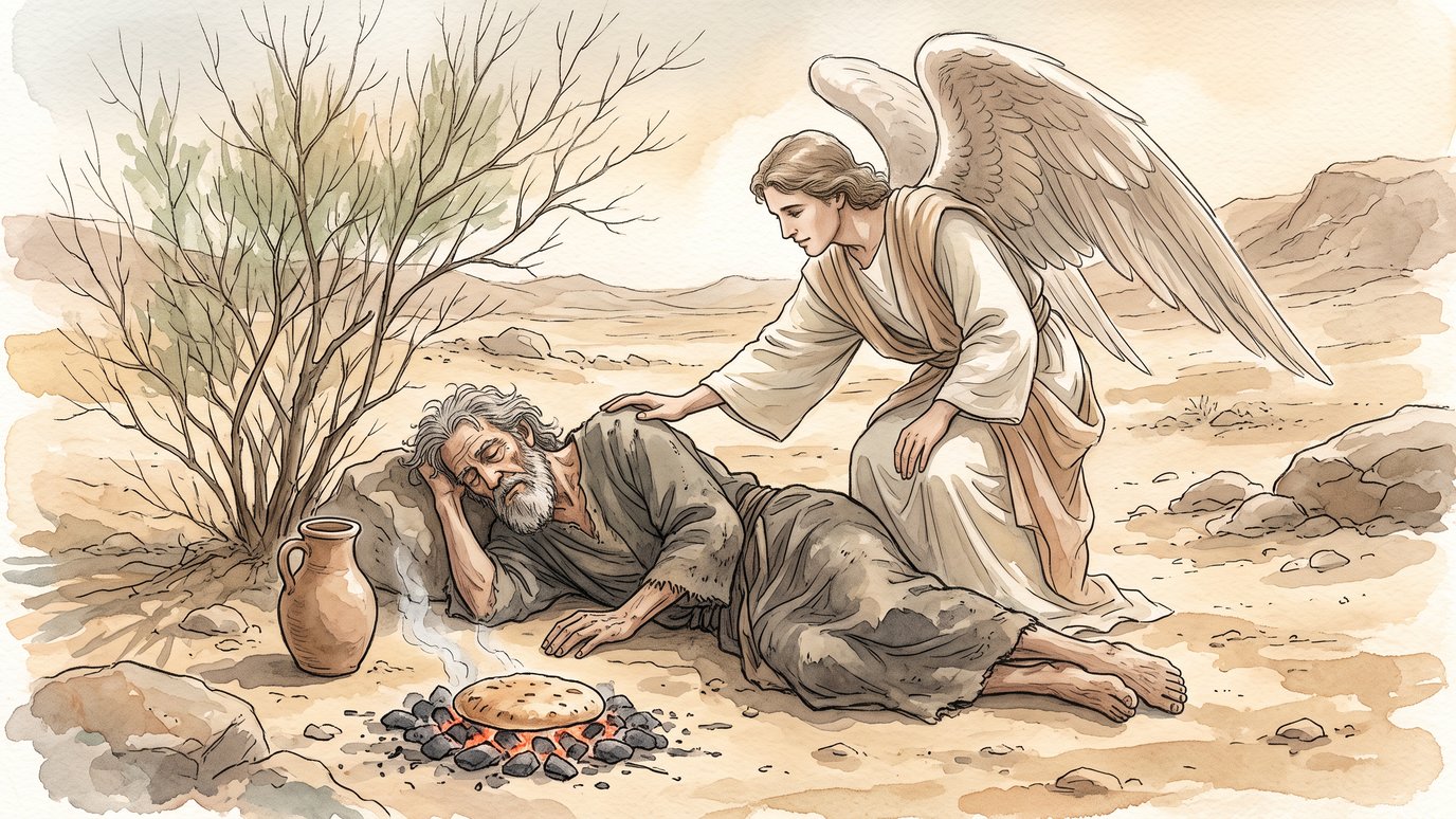 Anjo toca o ombro de um homem deitado no deserto, perto de um pão e uma jarra.