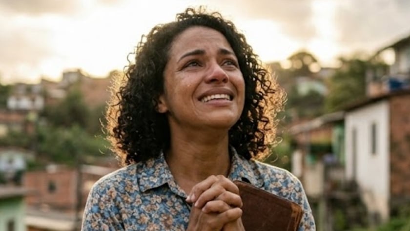 Mulher de cabelo cacheado segura um livro marrom, de mãos unidas