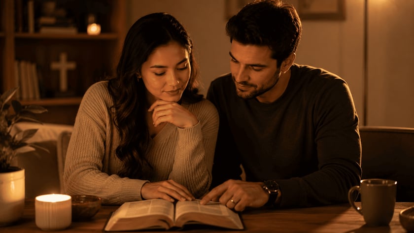 Casal lê junto uma Bíblia aberta sobre a mesa, perto de uma vela acesa.