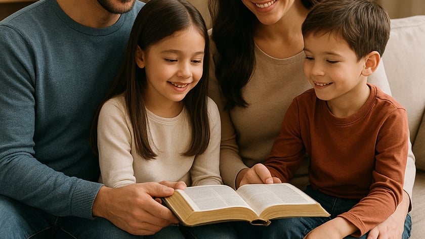 Pai, mãe, menina e menino sentados no sofá da sala, lendo juntos um livro aberto.