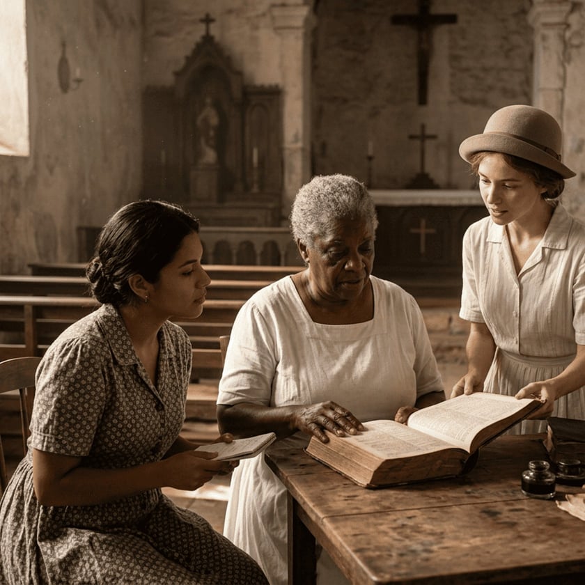 Três mulheres ao redor de uma mesa em uma igreja antiga, lendo uma Bíblia grande.