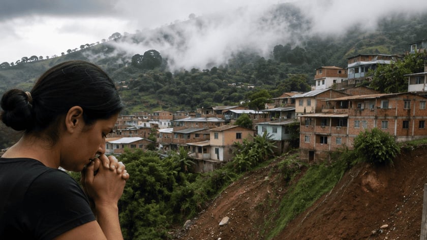 Mulher de preto, com as mãos junto ao rosto, olha um deslizamento de terra perto de casas.
