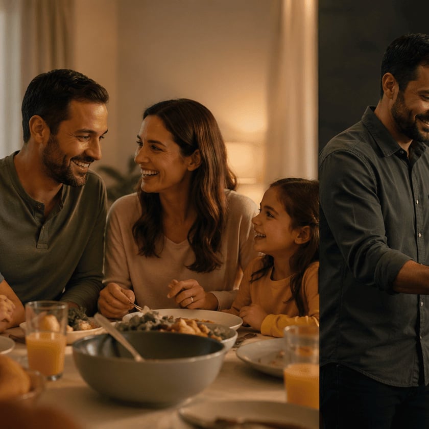 Família com pai, mãe e dois filhos sorrindo à mesa durante uma refeição.