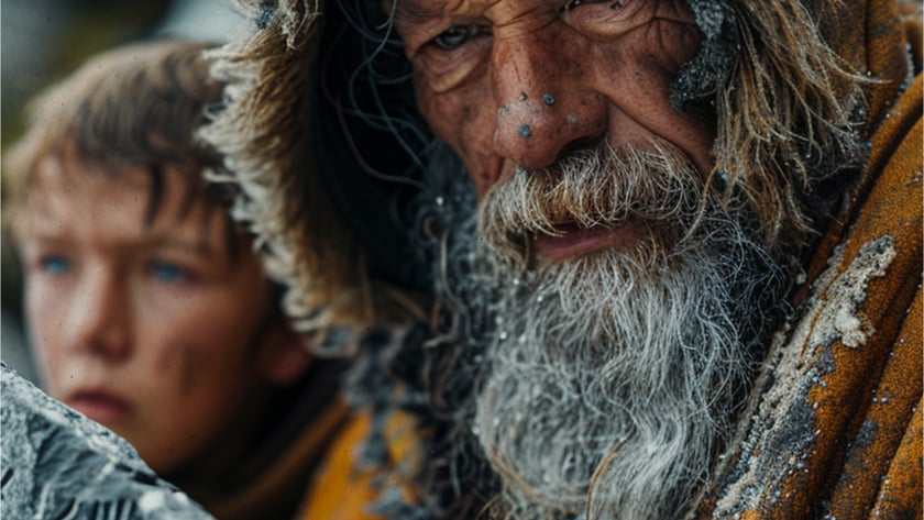 Homem idoso de barba grisalha, com capuz de pele e manto laranja cobertos de gelo