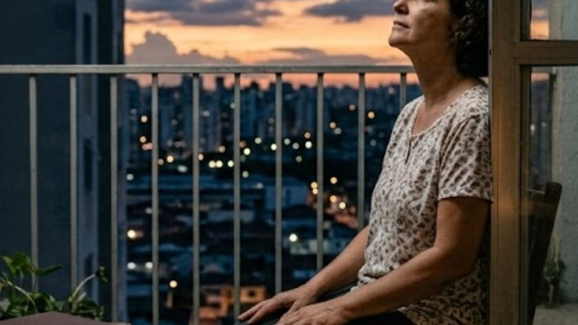 Mulher de cabelo cacheado sentada na varanda de um apartamento, olhando para o céu ao entardecer.