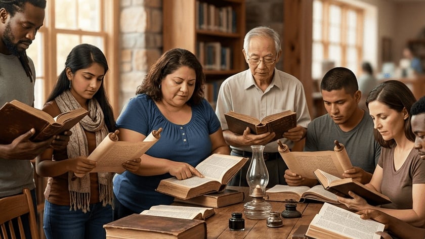 Grupo diverso de pessoas lê livros antigos e pergaminhos ao redor de uma mesa de madeira.