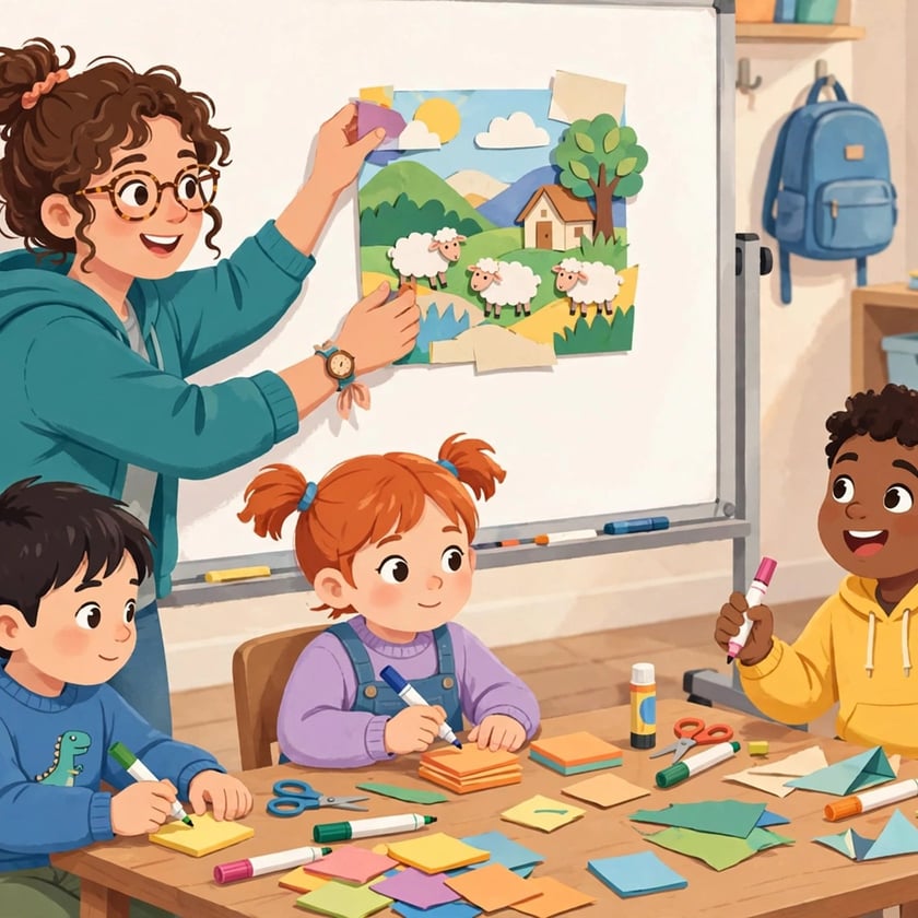 Professora prende colagem de ovelhas no quadro enquanto três crianças desenham em papéis coloridos