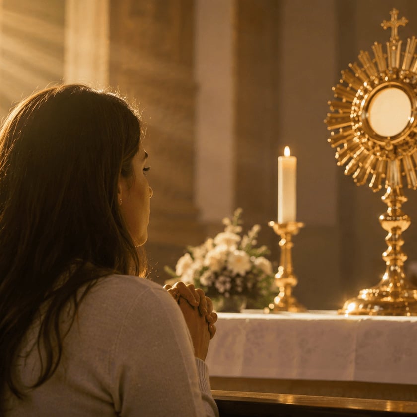 Mulher de cabelos castanhos reza de mãos juntas diante de um ostensório dourado no altar.