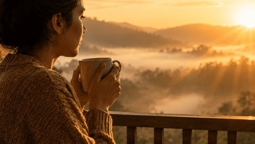 Mulher de coque e suéter segura uma caneca numa varanda, olhando as montanhas ao amanhecer.