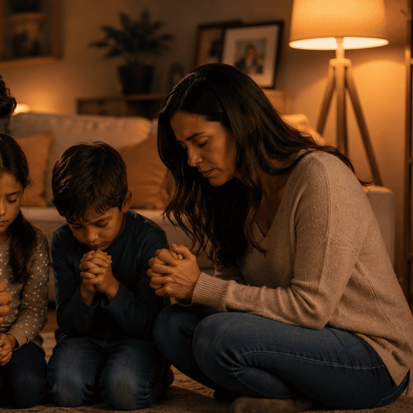 Mulher e duas crianças ajoelhadas na sala, de mãos postas e olhos fechados, rezando.