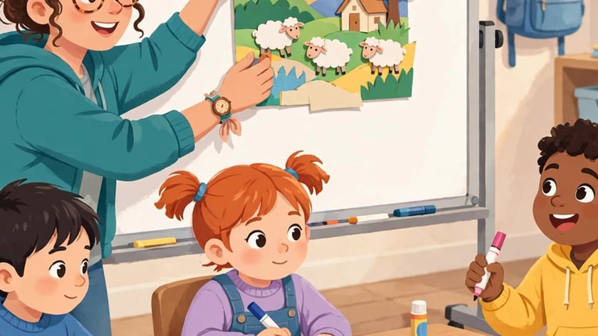 Professora prende colagem de ovelhas no quadro enquanto três crianças desenham em papéis coloridos
