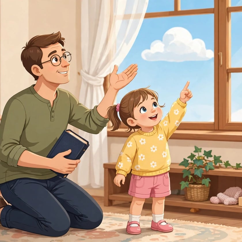 Pai ajoelhado com um livro e menina apontando para o céu pela janela.