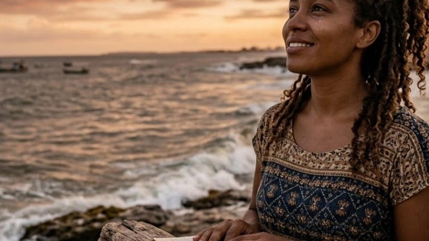 Mulher de cabelo cacheado segura uma Bíblia aberta sobre um tronco, à beira-mar, ao entardecer.