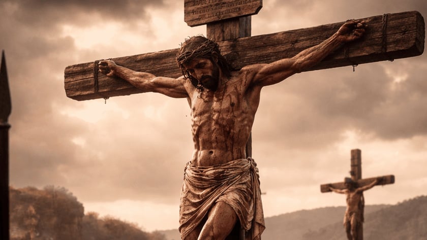 Homem coroado de espinhos crucificado em cruz de madeira, com soldados e multidão ao fundo.