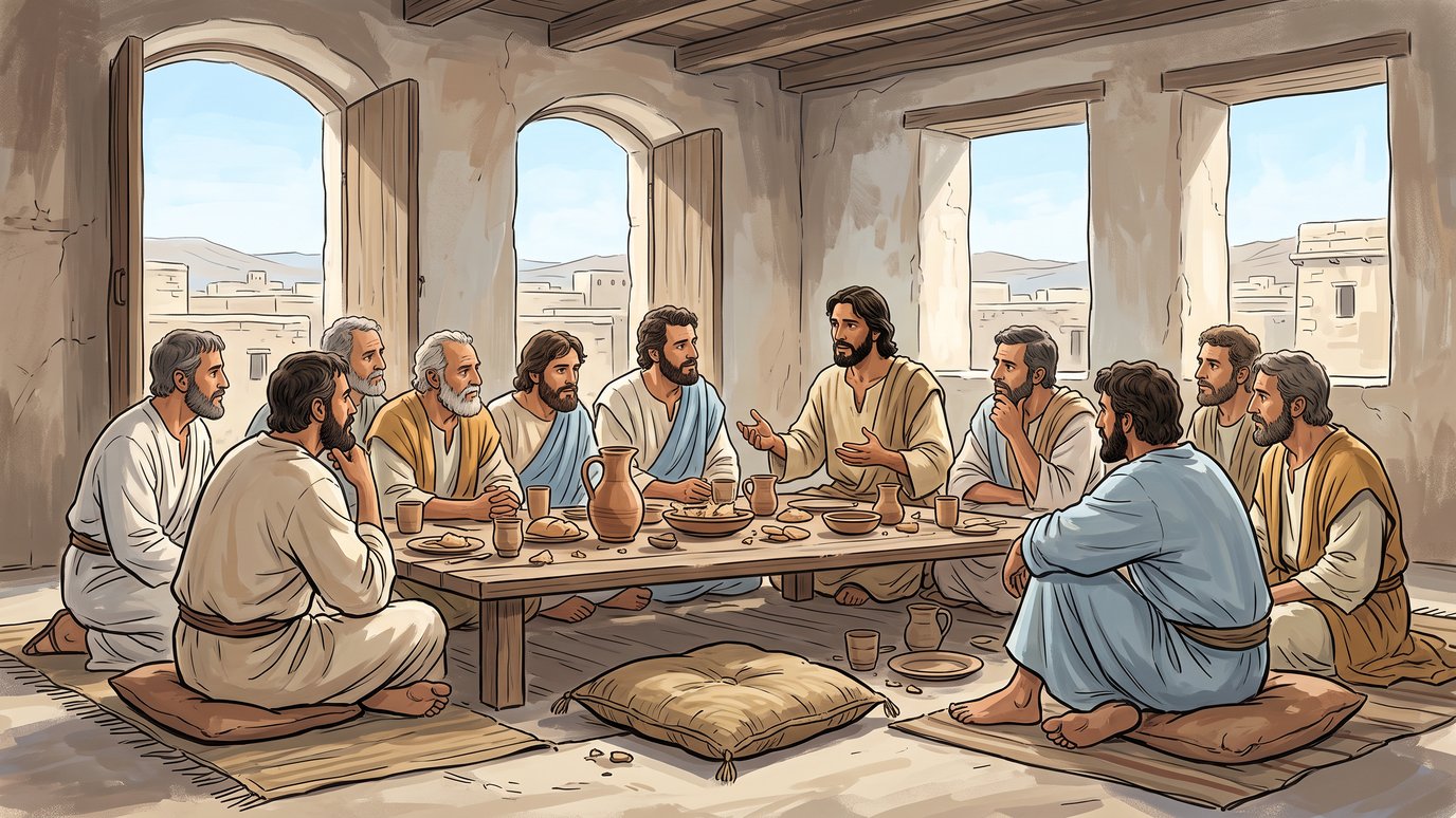 Dez homens de túnica sentados ao redor de uma mesa baixa com pães e jarros