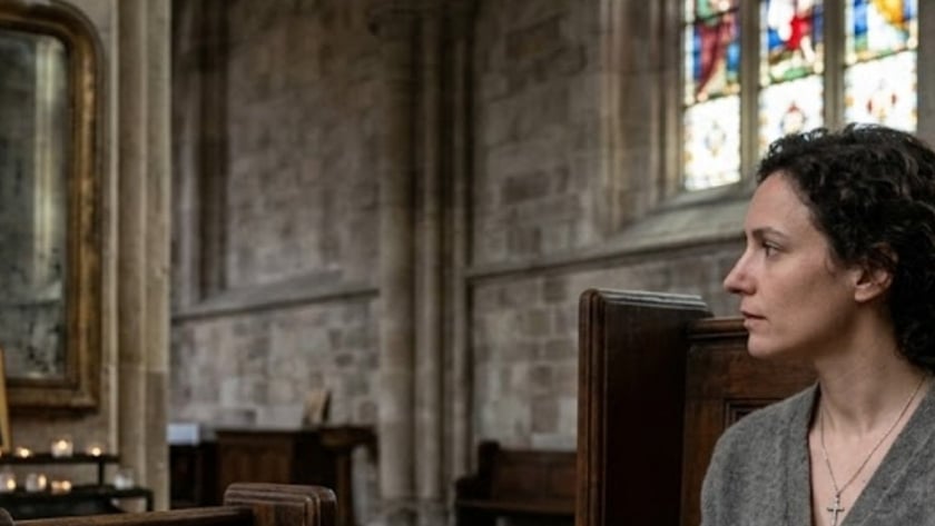 Mulher de cabelo escuro e cardigã cinza senta num banco de igreja com uma Bíblia aberta.