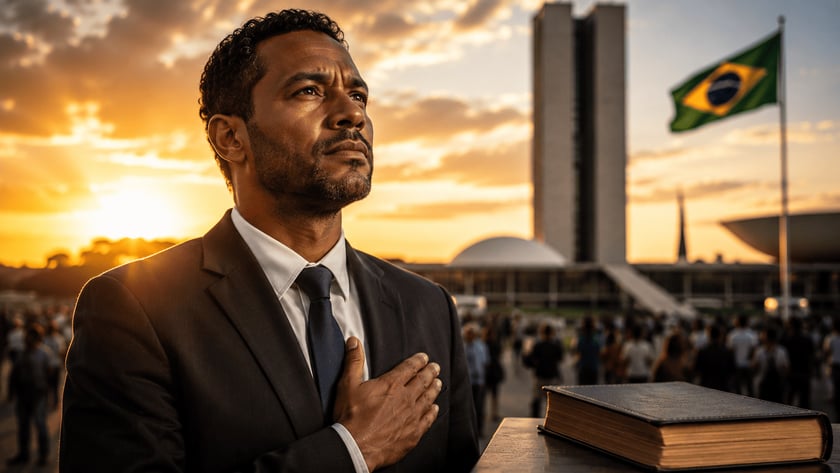 Homem de terno com a mão no peito olha para o alto, ao pôr do sol.