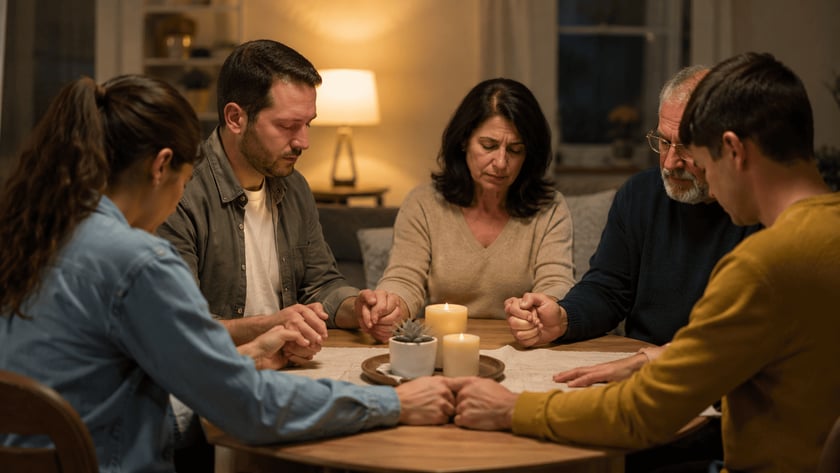 Cinco pessoas de mãos dadas e olhos fechados ao redor de uma mesa com velas.