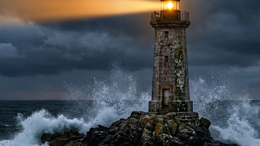 Farol de pedra aceso sobre rochedo, com ondas batendo sob nuvens escuras.