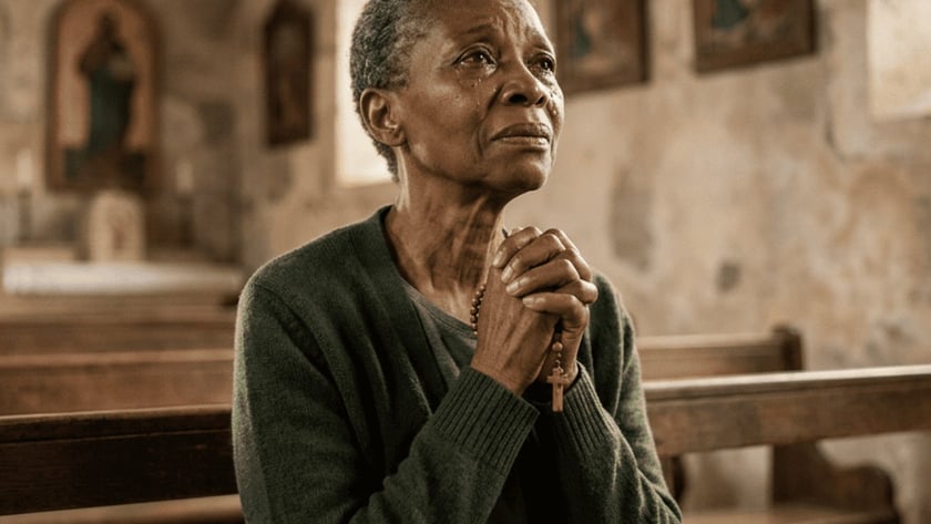 Mulher idosa de cardigã verde reza com um terço, sentada num banco de igreja antiga.