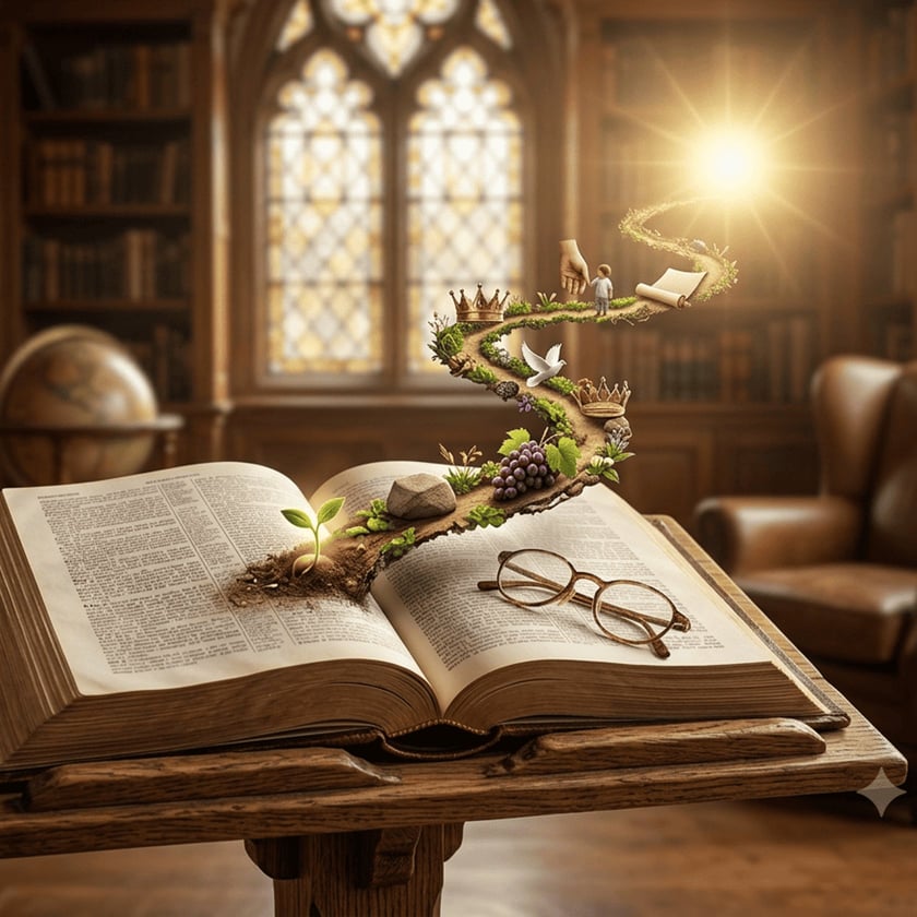 Livro aberto num atril com óculos e um caminho sinuoso com coroas, pomba e uvas.