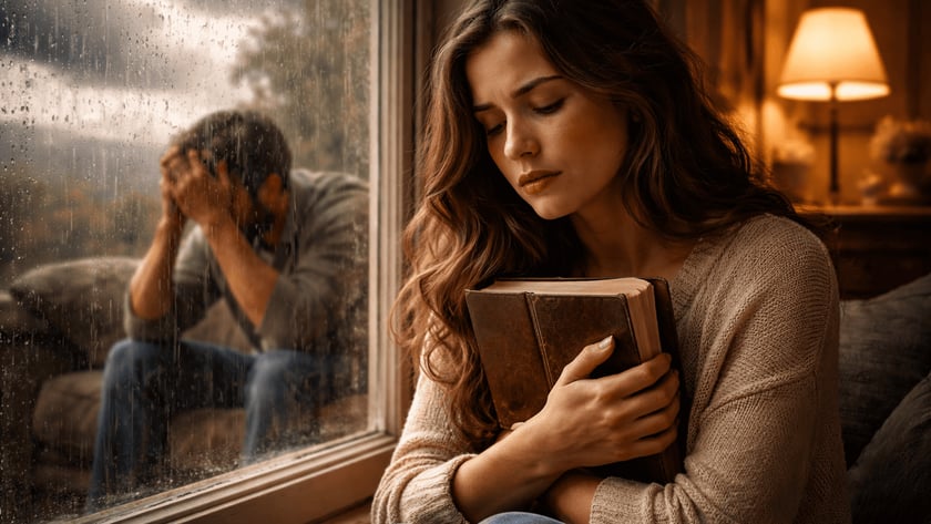 Mulher abraça um livro de capa de couro junto à janela molhada pela chuva; homem do lado de fora