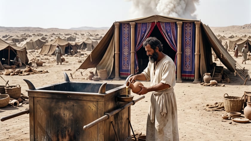 Homem barbudo despeja líquido de um jarro em um altar de bronze, diante de uma tenda no deserto.
