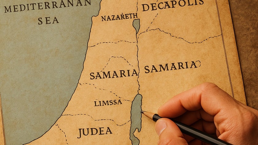 Mão segura lápis sobre mapa antigo com Judeia, Samaria e Jerusalém: "DEAD SEA".