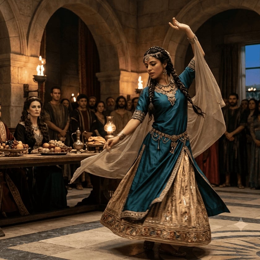 Mulher de vestido azul dança em salão de pedra diante de convidados à mesa.