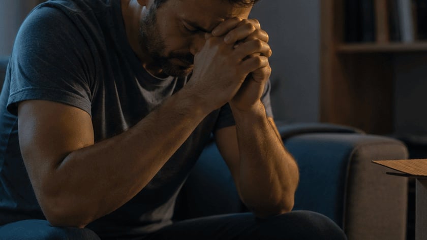 Homem sentado no sofá com as mãos unidas à testa e a cabeça baixa.