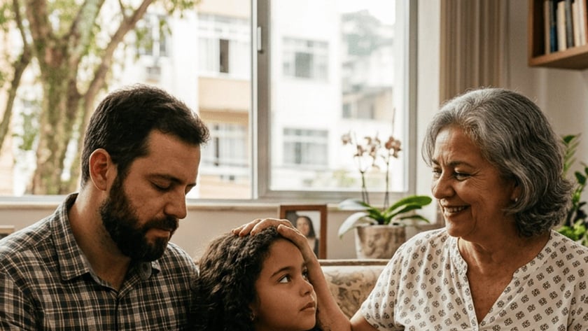 Homem, menina e idosa sentados no sofá, rezando juntos com uma cruz e uma Bíblia.