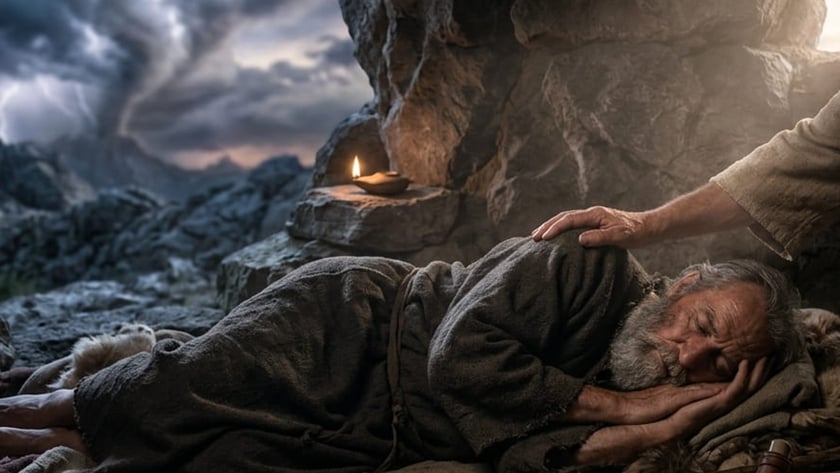 Homem idoso dorme numa caverna enquanto outro homem toca seu ombro.
