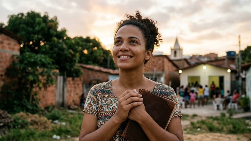 Mulher sorrindo olha para o alto, segurando um livro de capa marrom, em um bairro simples.
