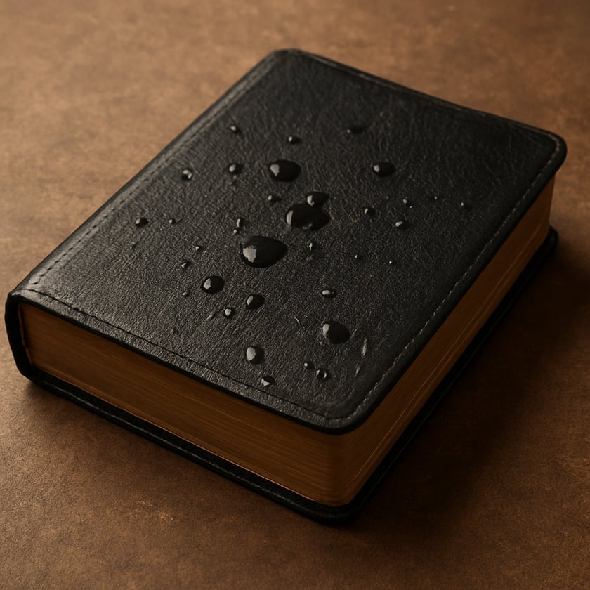 Livro pequeno de capa de couro preta com gotas de água, sobre superfície marrom.