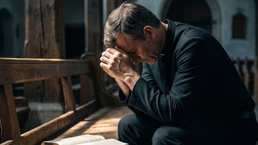 Homem de roupa escura, sentado num banco de igreja, inclina a cabeça sobre as mãos unidas