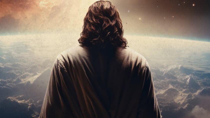 Homem de costas, cabelo ondulado e túnica, olha a Terra e um planeta no espaço.