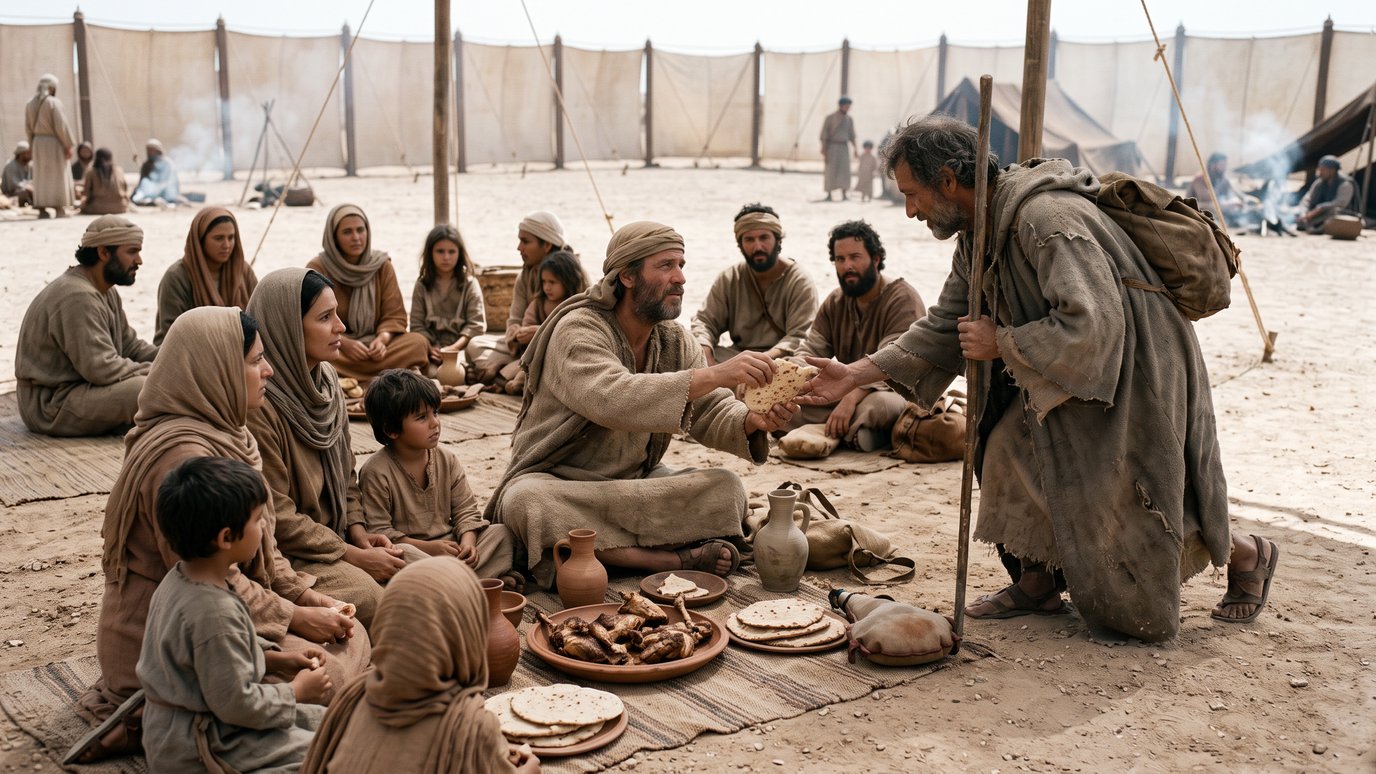 Viajante com cajado recebe pão de homem sentado entre famílias, em acampamento no deserto.