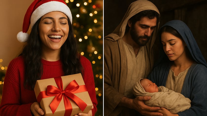 Mulher sorrindo com gorro de Natal segura presente; ao lado, casal embala recém-nascido.