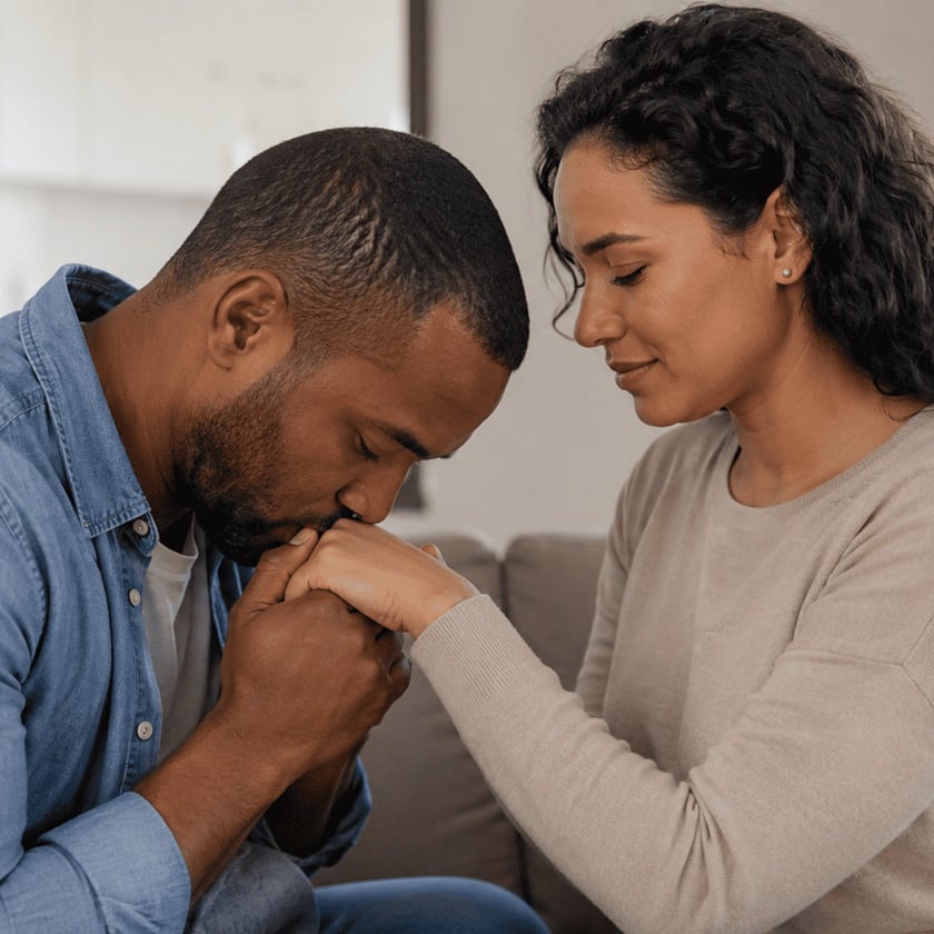 Homem de camisa jeans beija a mão de uma mulher sentada ao lado no sofá.