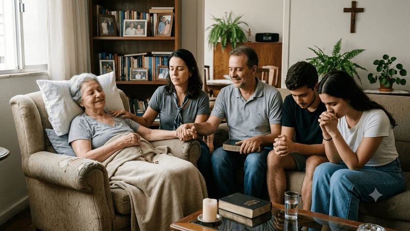 Família reunida na sala de estar de mãos dadas, rezando ao lado de idosa deitada na poltrona.