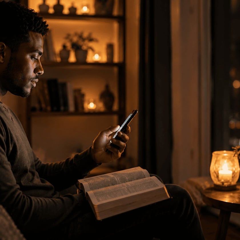 Homem sentado olha o celular, com uma Bíblia aberta no colo, em sala com velas.