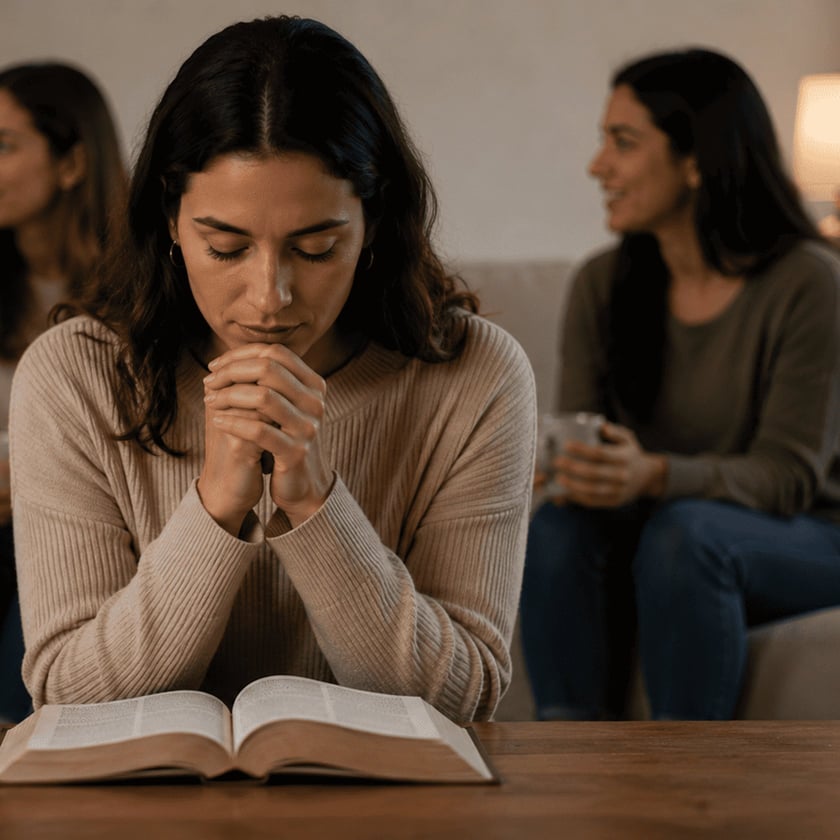 Mulher de olhos fechados e mãos juntas diante de uma Bíblia aberta, com duas mulheres ao fundo.