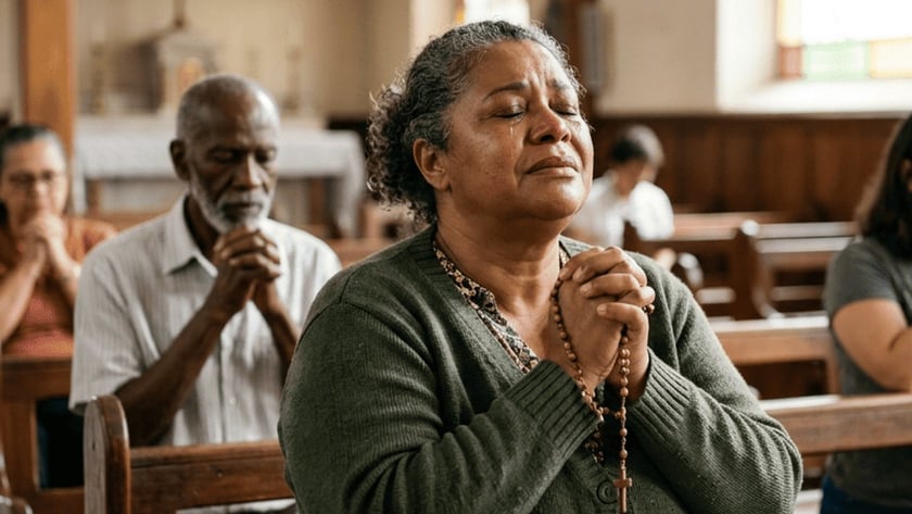 Mulher de cardigã verde reza ajoelhada com um terço na igreja, ao lado de outros fiéis.